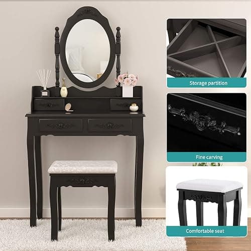Alohappy Girls Vanity Desk, Makeup Vanity Set with Mirror & Stool, Makeup Table Black Vanity Desk with 4 Drawers Vintage Rose Carving Dressing Desk for Bedroom, Studio (Black) thumbnail 5