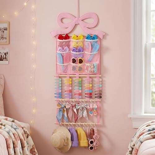 Ohmique Bow Organizer for Girls - Pink Bow Holder for Girls Hair Bows, Hair Clip Organizer Headband Storage Hanger Girl Headband Display Wall Mounted Accessories for Nursery Bedroom Girl Room thumbnail 2