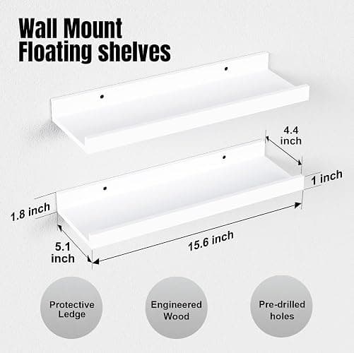 Boswillon Floating Shelves Wall Mounted Set of 2, Modern White Shelves for Bedroom, Nursery Shelves with Lip, Display Picture Ledge Shelf for Wall Decor Living Room Bathroom Kitchen - White thumbnail 3
