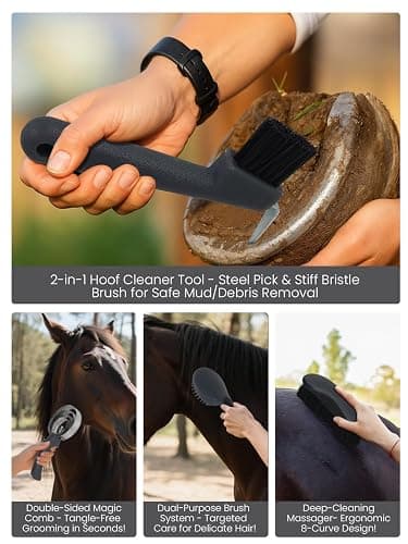 inoreal Horse Grooming Kit 12 Pcs – Complete Horse Brushes & Care Supplies Set with Organizer Tote Bag, Equine Coat Grooming Tools, Tack Room Equipment & Gifts for Horse Owners & Lovers thumbnail 4