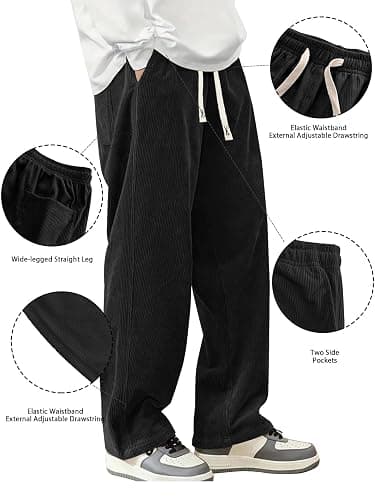 Hidkat Mens Corduroy Casual Pants Fashion Loose Fit Wide Leg Pants Straight Sweatpants Elastic Waist Drawstring thumbnail 3