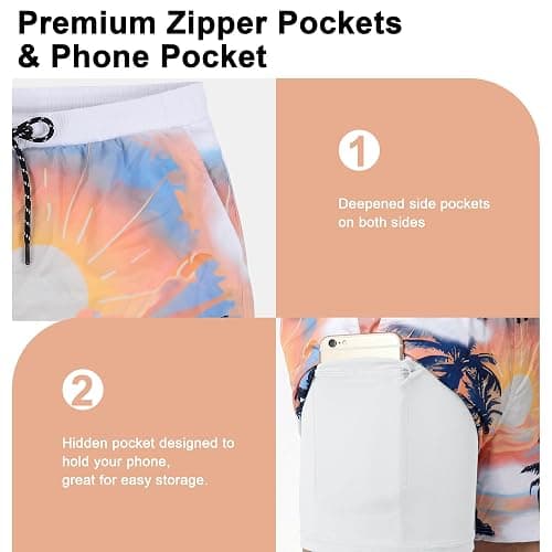 M'annswear Men's Printed Swim Trunks Quick Dry Board Shorts, Elastic Waist Drawstring with Mesh Lining Zipper Pockets thumbnail 3