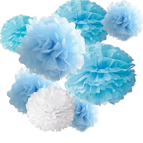 18pcs Tissue Hanging Paper Pom-poms, Hmxpls Flower Ball Wedding Party Outdoor Decoration Premium Tissue Paper Pom Pom Flowers Craft Kit (Blue & White), 8"/ 10"/ 12" - Image 1