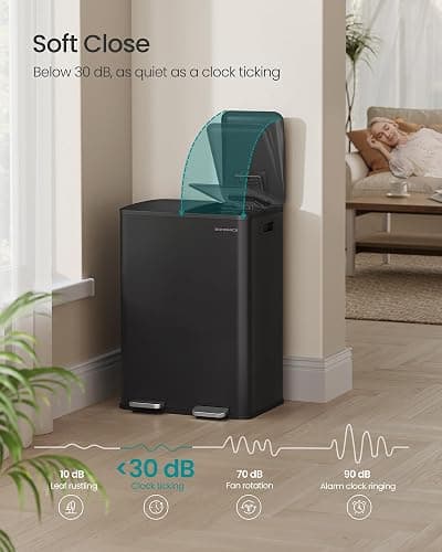SONGMICS Kitchen Bin, 2 x 8 Gallon (2 x 30 L) Dual-Compartment Pedal Rubbish Bin with Soft-Close Lid and Inner Buckets, Steel, Includes 15 Liner Bags, Ink Black LTB741B02 thumbnail 4