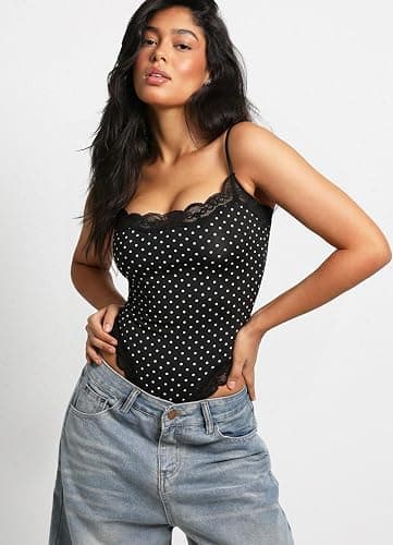 Navneet Body Suits Women Lace Bodysuit Square Neck Spaghetti Strap Tank Tops Going Out Sexy Coquette Outfit thumbnail 2
