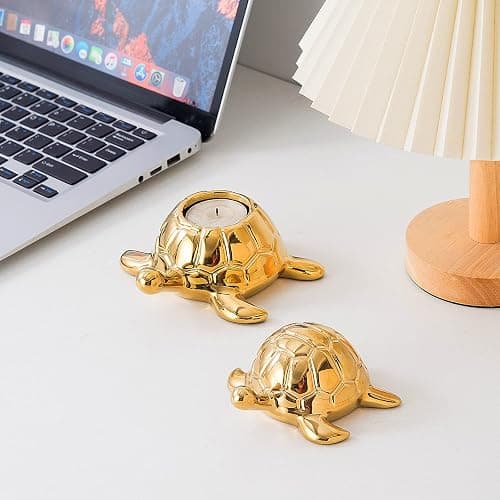 Golden Turtle Statue, Ceramic Turtle Ornament for Home Decor - Gold Tabletop Decoration, Collectible Decor for Elderly, Turtle Sculpture for Bookshelf, Desk, Nightstand thumbnail 6