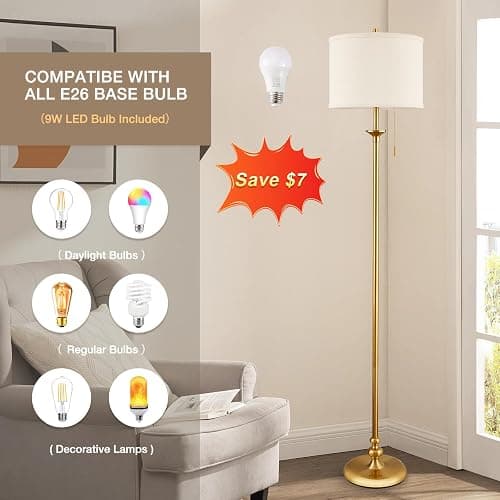 60" Gold Floor Lamp, Standing Lamp for Living Room, Bedroom, Office & Dining Room - Tall Corner Floor Lamps with Pull Chain Switch, Soft Lighting Farmhouse Design - Modern Floor Lamp (Bulb Included) thumbnail 4