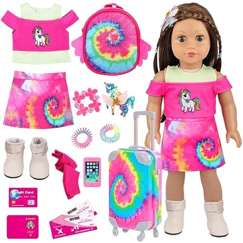 Ecore Fun American 18 Inch Doll Clothes and Accessories, 16 Pcs Girl Doll Clothes and Suitcase Travel Set- Luggage Short Sleeves Skirts Hairband Bag ect (No Dolls) thumbnail 10