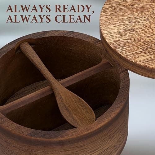 Vorisebo Acacia Wood Salt Container with Built-in Spoon, Elegant Salt Holder with Magnetic Swivel Lid, Salt Box for Kitchen to Storage Pepper, Spice or Favorite Seasonings, 5OZ (Two Compartments) thumbnail 4