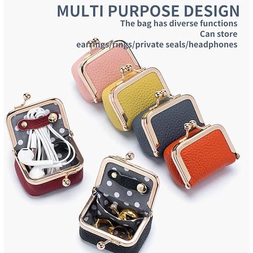 Genuine Leather Mini Jewelry Box, Portable Vintage-Inspired Genuine Leather Coin Purse Jewelry Case with Kiss Lock, Mini Travel Ring Box for Women for Earring/Ring/Necklace/Bracelet(Red) thumbnail 6