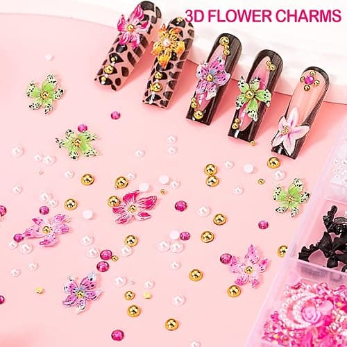 8000pcs 3D Nail Charms and Nail Gems, Cute Nail Rhinestones and Charms Y2K for Nails Nesign, Variety Butterfly Bow Moon Star Flower Junk Case Charms Gold Pearls Nail Jewels for Nail Art Decorations thumbnail 2