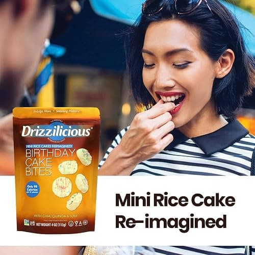 Drizzilicious Birthday Cake Mini Rice Cakes - 4oz (113g) Single Pack | Sinless Chocolatey Snack Bites - Rice Crisps Reinvented | Gluten-Free, Kosher Certified, Dairy-Free thumbnail 5