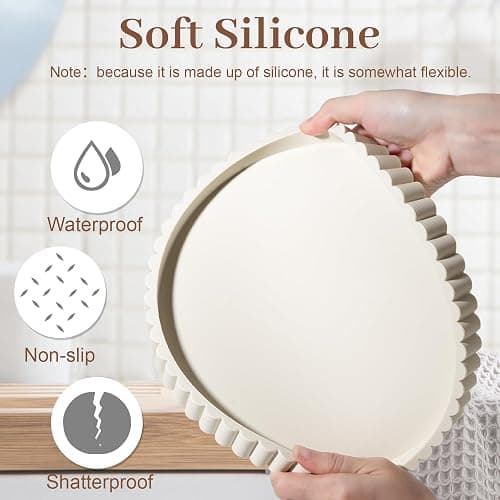 Round Bathroom Tray Perfume Organizer Coffee Table Decor, 9" Beige | Silicone, Non-Slip, Heat-Resistant, for Kitchen,Vanity, for Candle, Soap Dish thumbnail 4