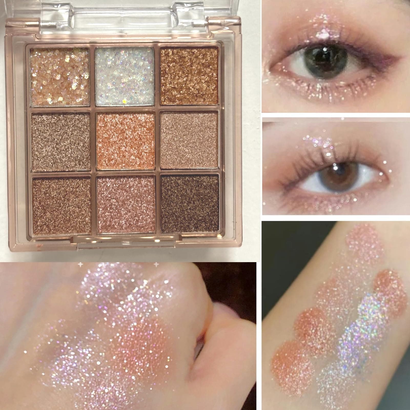 9 Colors Glitter Shimmer Eyeshadow Makeup Palette, Korean Sparkle Neutral Eye Shadow Palettes Highly Pigmented Long Lasting Waterproof Blendable sombras para ojos Pink White Golden Brown Eye Glitter - D thumbnail 2