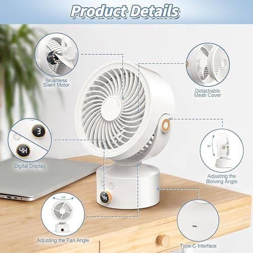 Yincook Desk Fan Small Oscillating for Bedroom, 9 Inch Quiet Desk Fan Air Circulator with 3 Speeds, 4H Timer, Rechargeable Desk Fan for Office/Dorm/Room-White thumbnail 2