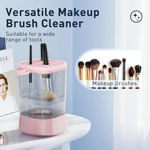 Electric Makeup Brush Cleaner Kit with Cleaning Solution, 9000 RPM, Pink | Automatic Cleaning, IP65 Water-Resistant Design, Multi-Size Holders, Cleans Makeup Brushes and Sponges, Compact for Travel thumbnail 4