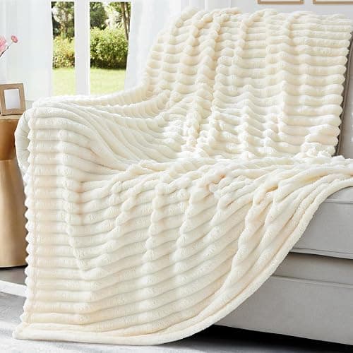 decorUhome Christmas Soft Fleece Cream White Throw Blanket for Couch, Cozy Fluffy Plush Flannel Striped Blanket for Sofa Bed, Lightweight Decorative Ribbed Fuzzy Blanket for Woman, 50x60 Inches thumbnail 5