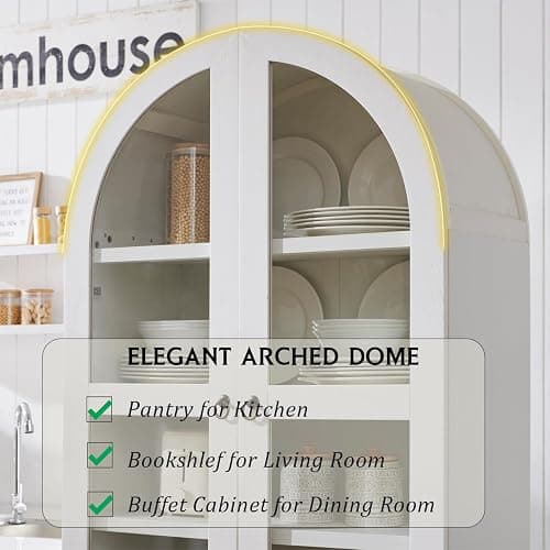 IFGET 71" Tall Arched Kitchen Pantry Cabinet, Wood Kitchen Storage Cabinets with 2 Large Drawers and Adjustable Shelves, Modern Farmhouse Versatile Cupboard for Kitchen, Dining Room, Bathroom, White - White thumbnail 4