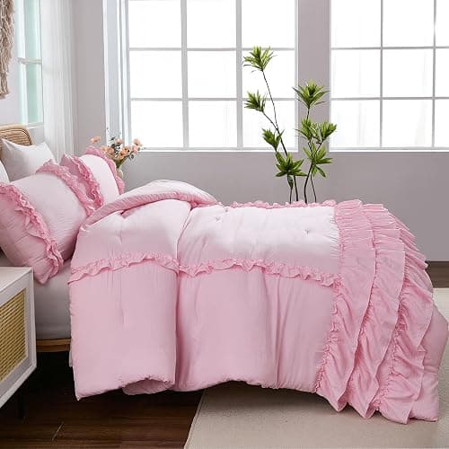 Herside Light Pink Comforter Set King Size,Waterfall Ruffle Shabby Chic Bedding Set,Soft Fluffy Boho Comforter Set for All Season,Vintage Ruffled 3 PCS Lightweight Quilt Set for Women Girls thumbnail 5