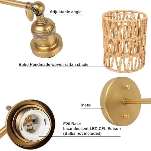 Yosoan Rattan Boho Wrapped Wall Sconce Light, Indoor Hardwired Hand-Woven Farmhouse Vintage Wall Lamps, Brass Handmade Braided Rope Small Straight Shade Wall Mount Fixture for Reading Hallway(Antique) - Antique thumbnail 6