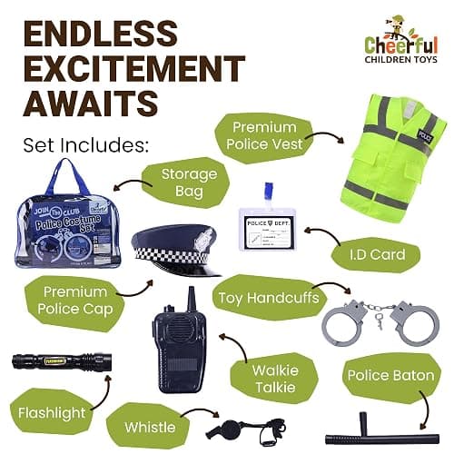 Cheerful Children Toys Kids Police Costume - 10 Pcs Police Officer Outfit Dress Up - Ideal for Boys & Girls Aged 3-7 - Include Vest & Hat - Kids Fancy Dress for Roleplay, Halloween, & STEM Learning thumbnail 2