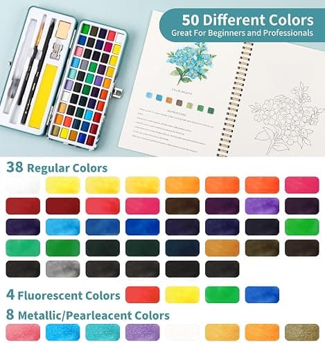 Watercolor Workbook, Water Coloring Book, 12 Different Patterns of Original DIY Designs, 50 Colors Watercolor Paint Set with Palette and Brush, Beginner-Friendly Watercolor Workbooks (Bouquets) thumbnail 6
