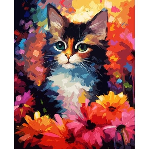 Tucocoo Cute Cat Paint by Number for Adults, DIY Digital Oil Painting Kits on Canvas with Brushes and Acrylic Pigment, Abstract Flowers Animal Hand-Painted Style for Home Decor 16x20 inch (Frameless) thumbnail 3