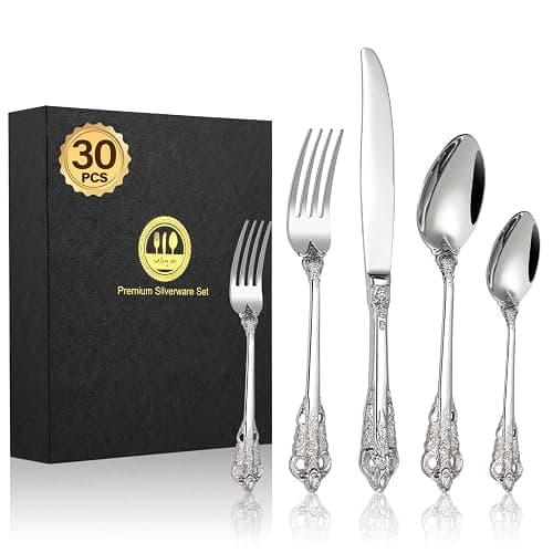 BEWOS 30 Stück Silber Palast Besteck Set, Hochwertig Edelstahl Besteck, Geprägte Design-Griffe, Bankett Essbesteck, Atemberaubend Poliert & als Geschenk Verpackt, Spülmaschinenfest - Image 1