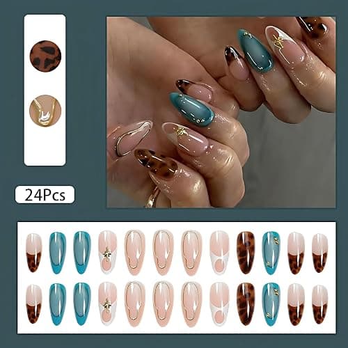 24 Pcs Almond Press on Nails Medium Fake Nails with Glue French Tip False Nails with Brown Leopard Pattern Design Artificial Acrylic Nails Press ons Reusable Almond Nail Holiday Glue on Nail for Women thumbnail 2