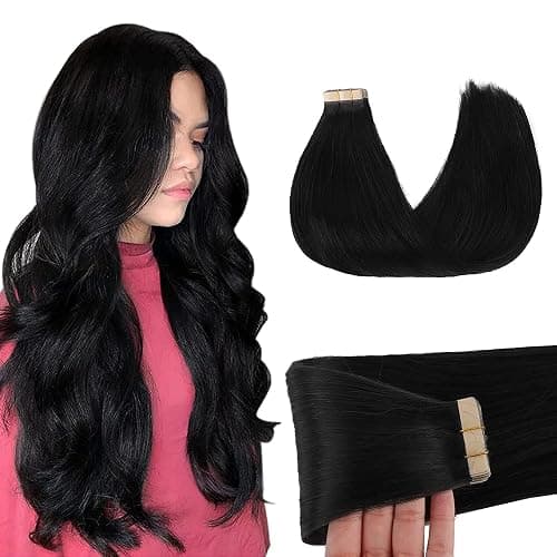 GOO GOO Tape in Hair Extensions Human Hair, 1 Jet black, 18inch 50g 20pcs, Skin Weft Seamless Invisible, Silky Straight with Thick Ends, Remy Human Hair - Image 1