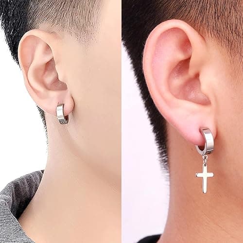 17 Pairs Earrings for Men, Stainless Steel Earrings For Men Sensitive Skin, Fashion Earring Piercing Jewelry Cross Dangle Hoop Earrings Kit Studs Long-lasting Shine thumbnail 9