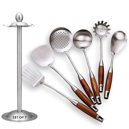 GXONE Cooking Utensils Set,7pcs 304 Stainless Steel Kitchen Utensils Set with Holder,Heat Resistant Wooden Handle Kitchen Tools - Image 1