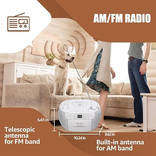 Retekess TR621 CD and Cassette Player Combo, Boombox CD Player for Home, AM/FM, Tape Recording, TF/USB Drive, AC or D Battery Powered, Headphone Jack, Stereo Sound (White) thumbnail 5