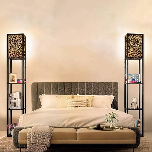 Modern Leopard Animal Print Standing Floor Lamp with Shelves Floor Lamp Tall Lamp Brown Leopard African Textile Flaxen Fabric Shade Corner Lamp for Living Room Bedroom Wildness Aesthetic Decor thumbnail 5