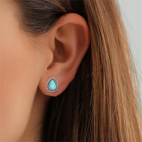 Dreuyet Turquoise Stud Earrings Set for Women Handmade Gemstone Oval Round Flower Cut Shape Square Studs Earrings Boho Turquoise Earrings Trendy Jewelry thumbnail 3
