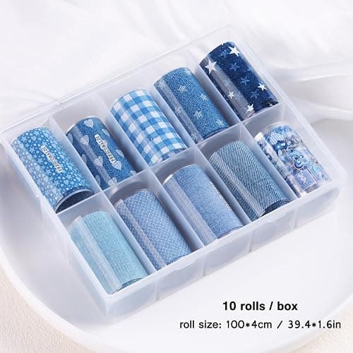 FSpronail Denim Nail Foil Transfer, 10 Rolls/Box Blue Jeans Prints Plaids Nail Stickers Foil Transfer Sheets Hearts Stars Decals Starry Paper Punk Decoration Manicure Wraps Pegatinas Uñas Salon Supply thumbnail 3