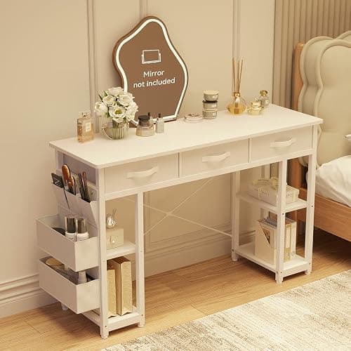 oneinmil White Vanity Desk, Computer and Study Desk with Fabric Drawers & Side Storage Bag, no Mirror. Makeup Vanity Table, Home Office Desk, Modern Writing Desk, 48"x16". thumbnail 8