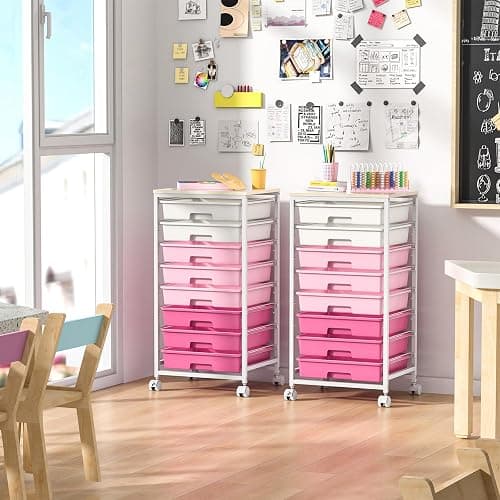 Rolling Cart with Drawers,Storage Cart with 8 Drawers and Wooden Tabletop,Utility Cart for Living Room,Classroom, Bedroom,Bathroom,Dorm,Office,Rose Pink thumbnail 8