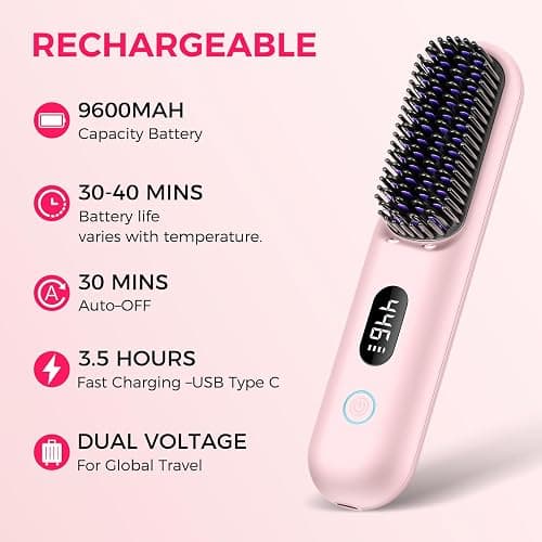 Cordless Hair Straightener Brush, Portable Mini Straightening Brush for Travel, Negative Ionic Hot Comb Straightener, Rechargeable Hair Brush Straightener for Women, Lightweight on-The-go, Pink thumbnail 2