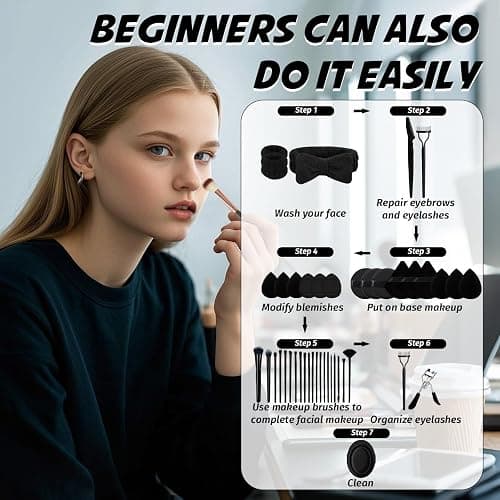 GZIXBDA Makeup Brush Set, 48Pcs Makeup Tool Set Premium Synthetic Foundation Concealers Powder Eye Shadows Makeup Brushes Kit for for Beginner Professional, Black thumbnail 3