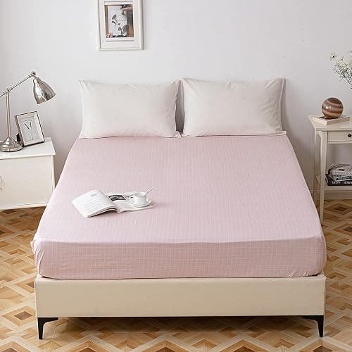 LifeTB Pink Plaid Fitted Sheet Twin Bedding Sheet Cotton Kids Girls Fitted Sheet Grid Bottom Sheet Deep Pocket Checkered Mattress Cover Twin Bedding for Teens Boys Women Adults - Twin - Pink Plaid thumbnail 4
