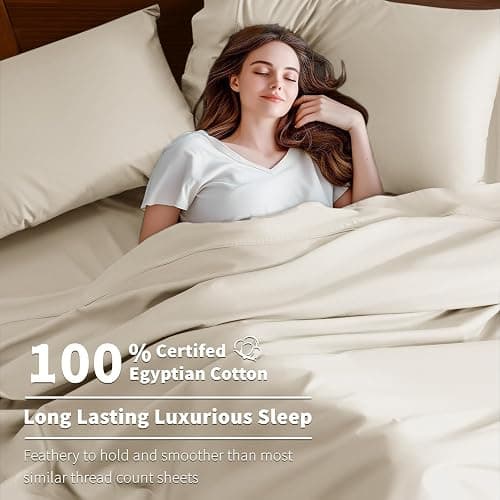 Shilucheng 100% Cotton Queen Size Sheets Set - 600 Thread Count，Luxury Egyptian Cotton Bed Sheets，5-Star Hotel Quality Sheets, Breathable & Cooling, 16 Inch Deep Pocket - 4 Piece (Cream, Queen) thumbnail 3