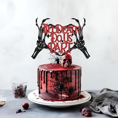 Till Death Do Us Part Cake Topper, Gothic Halloween Wedding Decorations, Bride or Die, Halloween Wedding Engagement Bachelorette Party Decorations, Black and Red Glitter thumbnail 5
