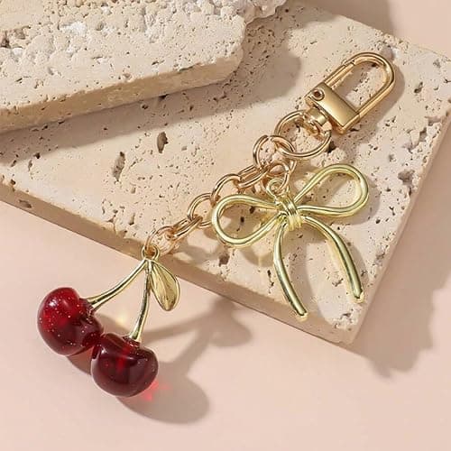 YDF Cherry Keychain Cute Bag Charm Women Leather Keyring Car Keys Gift Mother's Day Birthday Valentine's Purse Accessory - Red thumbnail 5