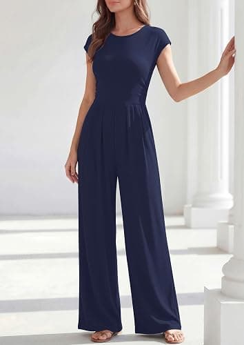 PRETTYGARDEN Summer Jumpsuits for Women Dressy Casual | Soft Ribbed Fabric, Crewneck Cap Sleeve, Back Zipper, Pockets, Wide Leg Pants Rompers, One Piece Outfits, Work Office Clothes thumbnail 6