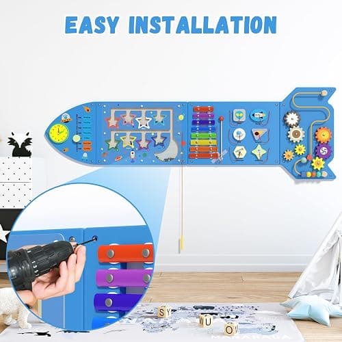 Spacocld Rocket Activity Wall Busy Board Panels - Sensory Wall Panel for Kids, Montessori Toddler Wall Activity Board, Wall Toys for Toddlers 3, Activity Cube, Wall Activity Boards, Blue(4PCS) thumbnail 5