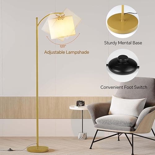 SUNMORY Arc Floor Lamp,Modern Floor Lamp with 9W 3 Color Temperatures Bulb,Metal Standing Lamps with Adjustable Hanging Lampshade,Tall Floor Lamps for Living Room,Bedroom, Gold Without Remote thumbnail 4