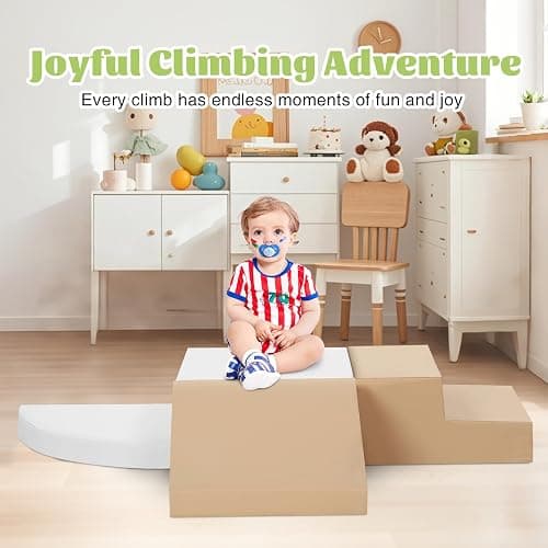 TODIBY 4-Piece Climbing Blocks for Toddlers: Soft PU Leather Baby Playset - Crawl and Climb Activity Indoor - Kids Play Equipment Climber Foam Blocks (Coffee/White) thumbnail 4
