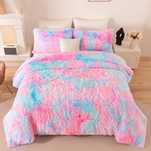 BYHOFMLY Pink Purple Fluffy Bedding Set Twin Size 3 Pieces Faux Fur Furry Comforter Set for Girls Tie Dye Rainbow Warm Fuzzy Kids Bed Comforter (Pink Purple, Twin) thumbnail 3