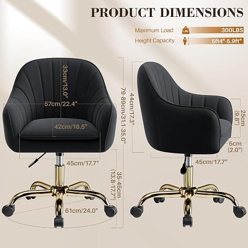 BestEra Vanity Chair with Wheels, Comfy Home Office Desk Chairs Adjustable Modern Velvet Makeup Vanity Chairs for Bedroom Living Room-Black thumbnail 3